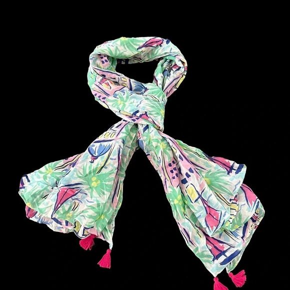 Stella & Dot Pink Green Modal Pastel Sailboat Palm Tree Rectangle Scarf Tassels - Picture 2 of 4